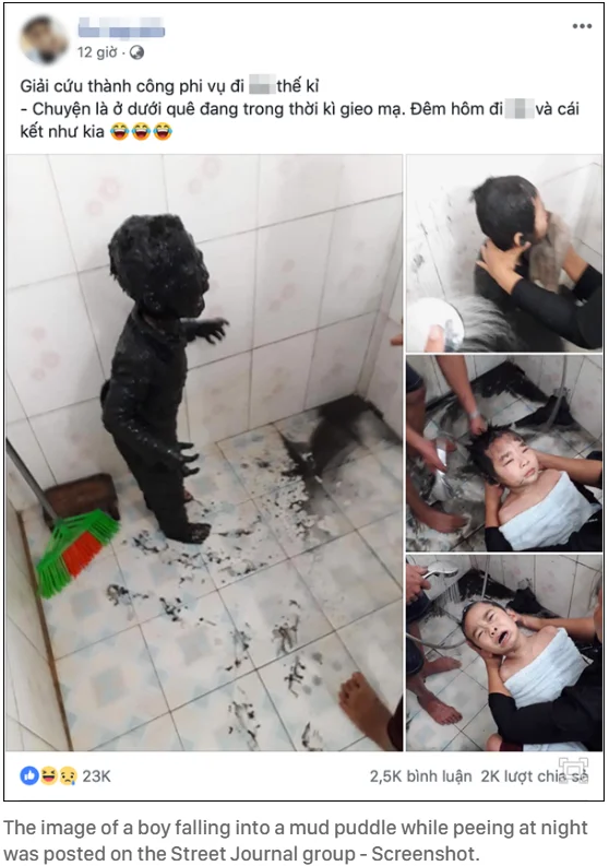 Sometimes When Im Bored I Dip My Son In Tar — Vietnamese Facebook post with the tar-covered child image and follow-up cleanup photos