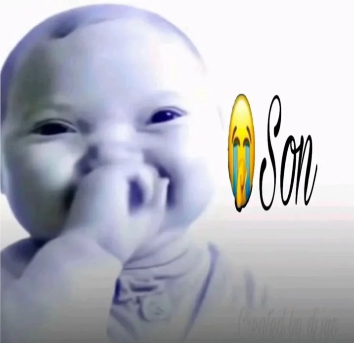 Son 😭😭😭 — Praying-pose man with 'Son' banner and anxious face emojis