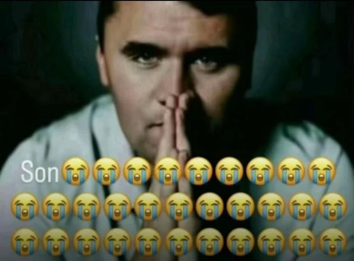 Son 😭😭😭 — Father and son photo overlaid with 'son im crine' text and crying emojis