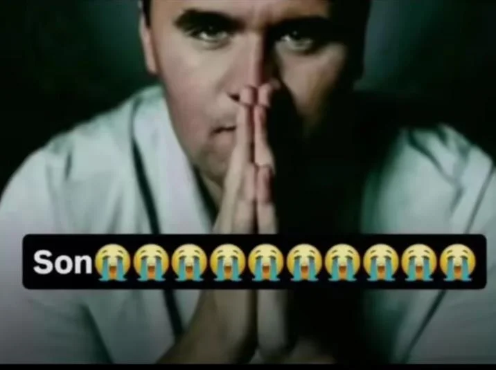 Son 😭😭😭 — Man with clasped hands beside text 'Son' and many crying emojis