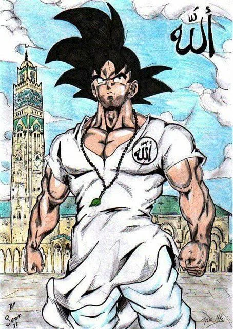 Son Goku — Goku illustrated in white clothing against Big Ben background with Islamic religious text overlay.
