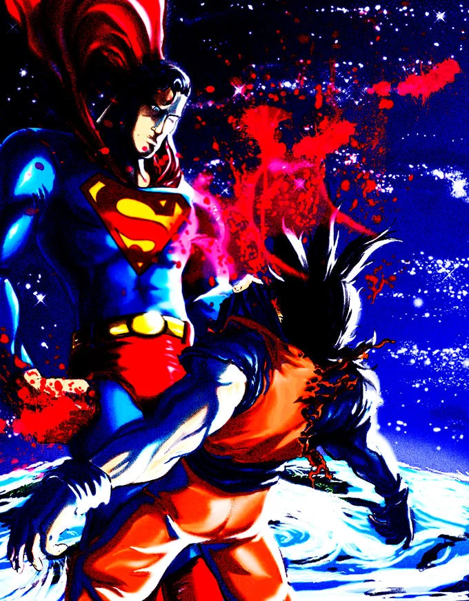 Son Goku — Super Saiyan Goku fighting Superman with heavy VHS glitch and color distortion effects.