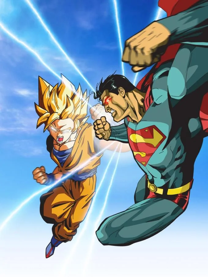 Son Goku — Super Saiyan Goku with golden hair in intense mid-combat action against Superman.