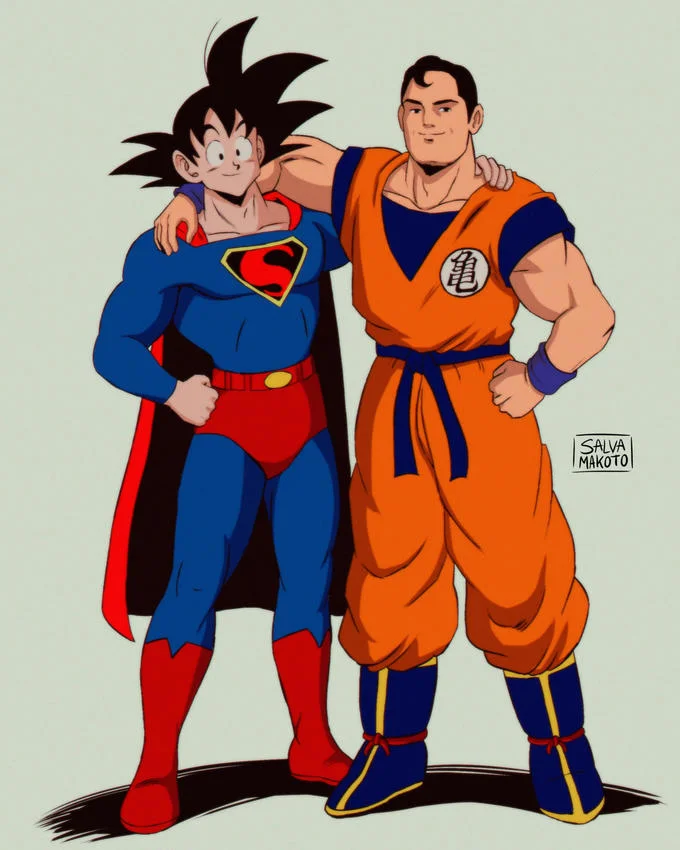 Son Goku — Goku wearing Superman blue and red costume with cape alongside Dragon Ball Goku in orange gi.