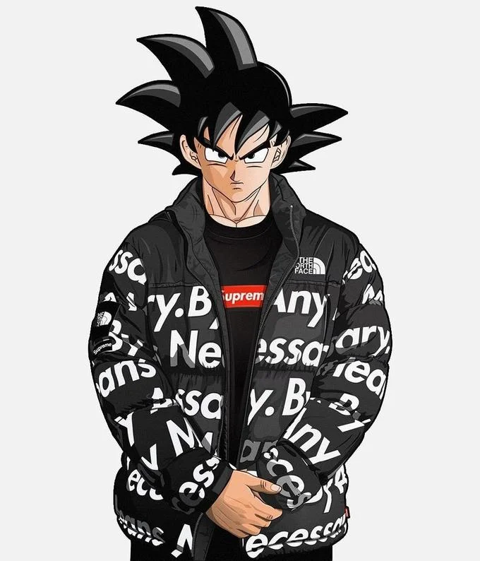 Son Goku — Goku's face edited onto torso wearing black Supreme-style puffer jacket with repeated logos on white background.