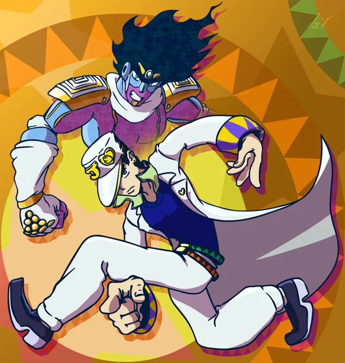 Sonic Adventure Pose — JoJo's Bizarre Adventure Jotaro and Star Platinum posed in the Sonic Adventure crouched pointing composition.