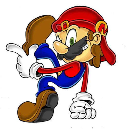 Fan art of Mario in the Sonic Adventure pose with green eyes and pointing hand.