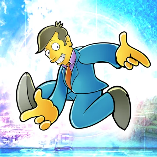 Simpsons style character in a blue suit striking the Sonic Adventure pose on Sonic Adventure background.
