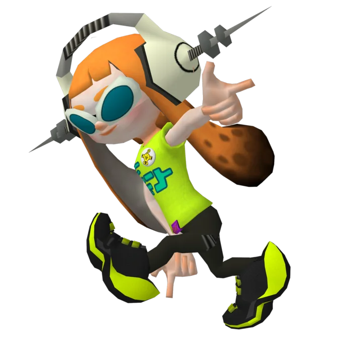 Splatoon Inkling character in green shirt doing the Sonic Adventure pose with pointing hand.