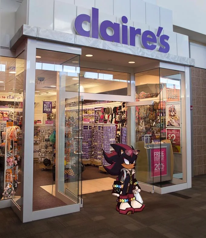 Sonic Characters Walking Into Stores — Shadow the Hedgehog standing at Claire's entrance wearing colorful plastic bracelets and necklaces.