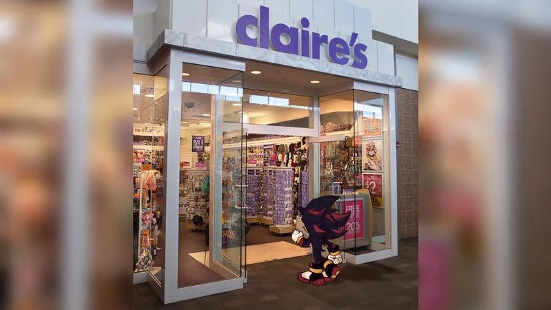 Sonic Characters Walking Into Stores — Original Shadow the Hedgehog at Claire's store entrance in letterboxed format with vignette.