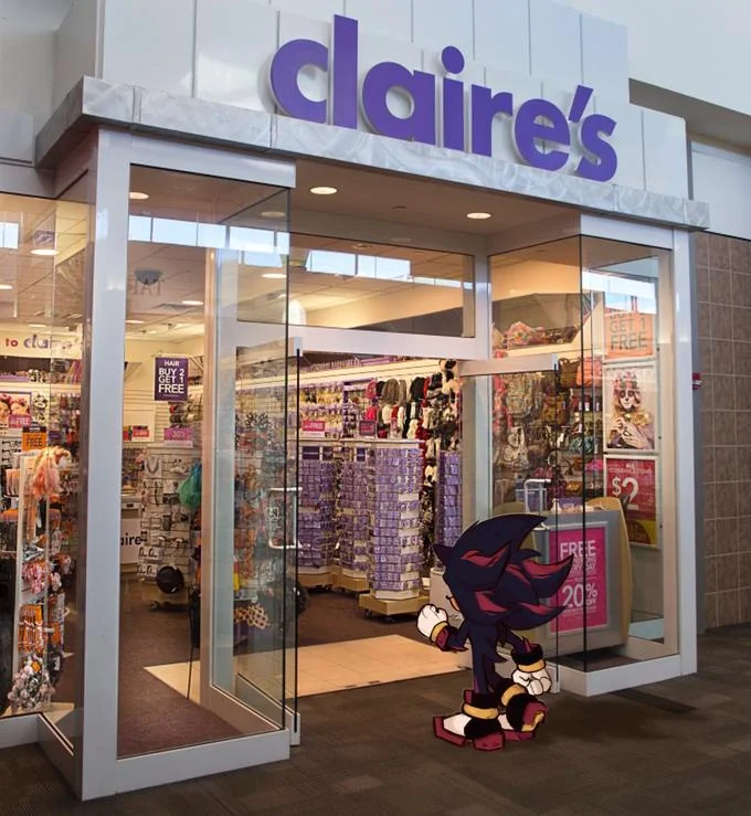 Sonic Characters Walking Into Stores — Shadow the Hedgehog in crouching pose composited at Claire's store entrance with bright purple signage.