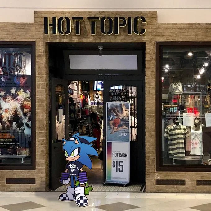 Sonic Characters Walking Into Stores — Sonic transformed into emo punk aesthetic with dark clothing from Hot Topic.