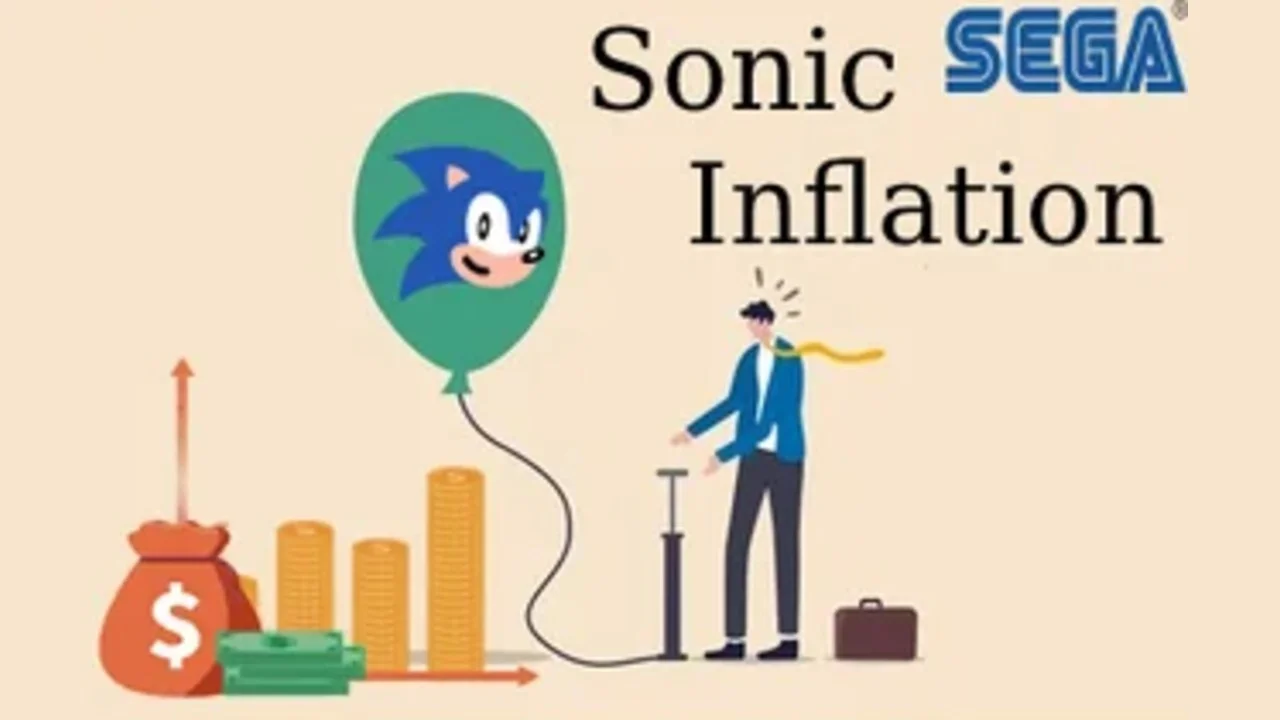 Illustration of Sonic balloon being inflated next to money bags with 'Sonic Inflation' SEGA title