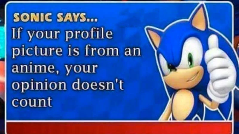 Sonic Says 2 — Clean Sonic Says meme with text about anime profile pictures and opinions on blue background.