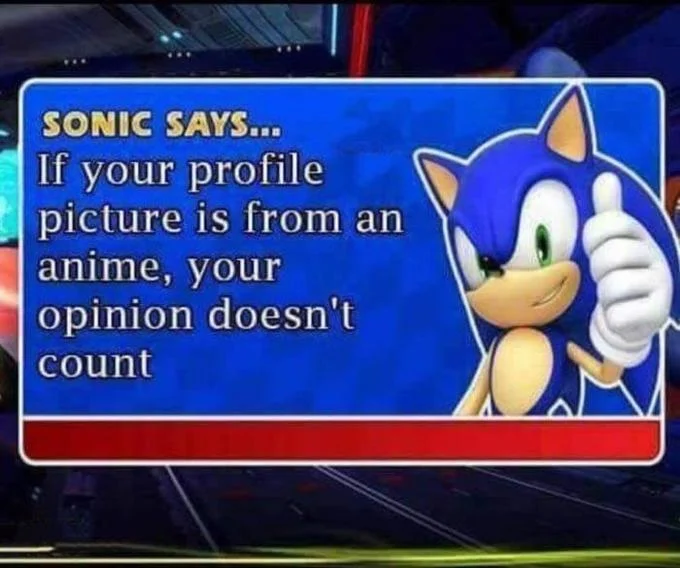 Sonic Says  2 — Sonic Says meme with text 'If your profile picture is from an anime, your opinion doesn't count.'