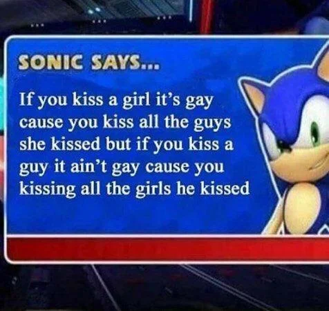 Sonic Says  2 — Sonic Says meme with lengthy absurd logic text about kissing and relationships.