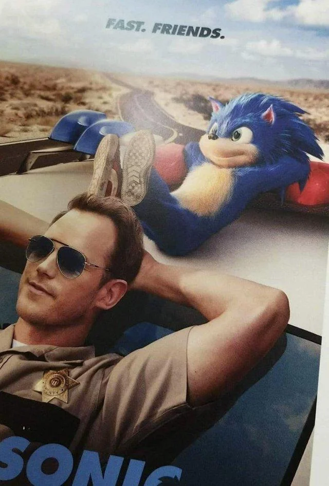 Sonic the Hedgehog (2020 Film) — Sonic the Hedgehog movie poster showing James Marsden with Sonic reclining on a car with the tagline Fast Friends.
