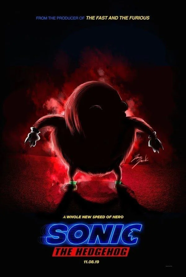 Sonic the Hedgehog (2020 Film) — Parody Sonic movie poster with a shadowy Knuckles silhouette and red glow.