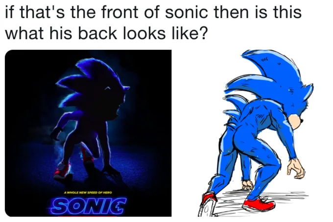 Sonic the Hedgehog (2020 Film) — Sonic movie poster next to a comedic sketch of Sonic seen from behind bending over.