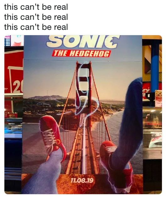 Sonic the Hedgehog (2020 Film) — Sonic the Hedgehog theater poster with weirdly proportioned legs dangling over a bridge.