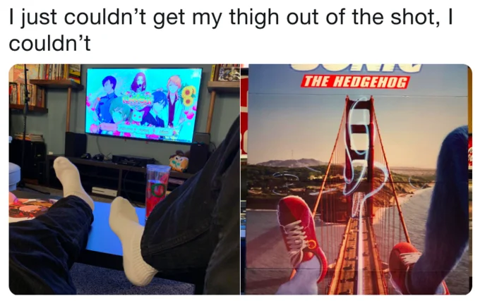 Sonic the Hedgehog (2020 Film) — Split image comparing a person's thigh accidentally in a TV photo to Sonic's poster legs.
