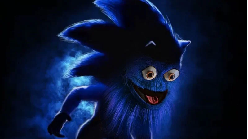 Sonic the Hedgehog Movie Poster Parodies — Brightened Sonic movie poster showing creepy hedgehog face with human eyes and teeth