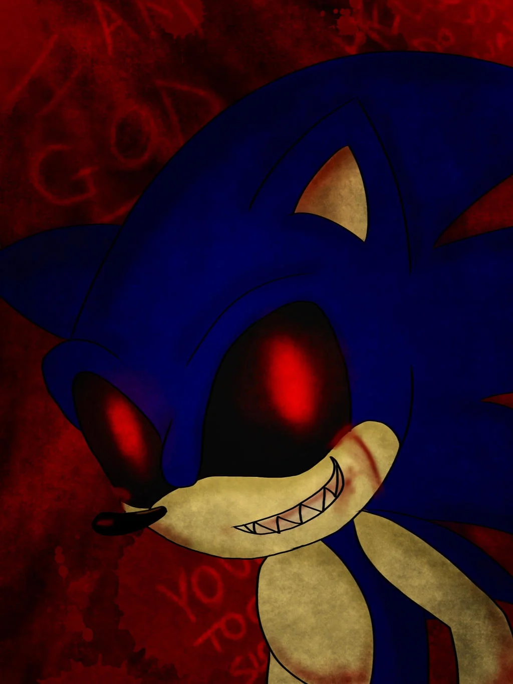 Sonicexe — Clean closeup illustration of demonic Sonic.exe with red eyes and sharp teeth against dark red background.