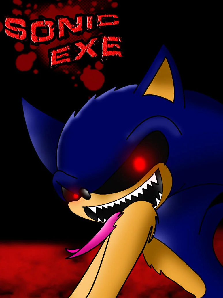 Sonicexe — Portrait of demonic Sonic.exe with piercing red eyes, sharp teeth, and 'SONIC EXE' text on dark background.