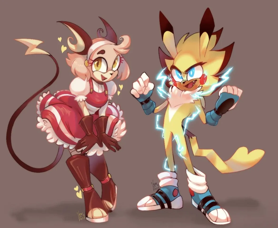 Digital fan art of an electrified Sonichu next to a devil maid character