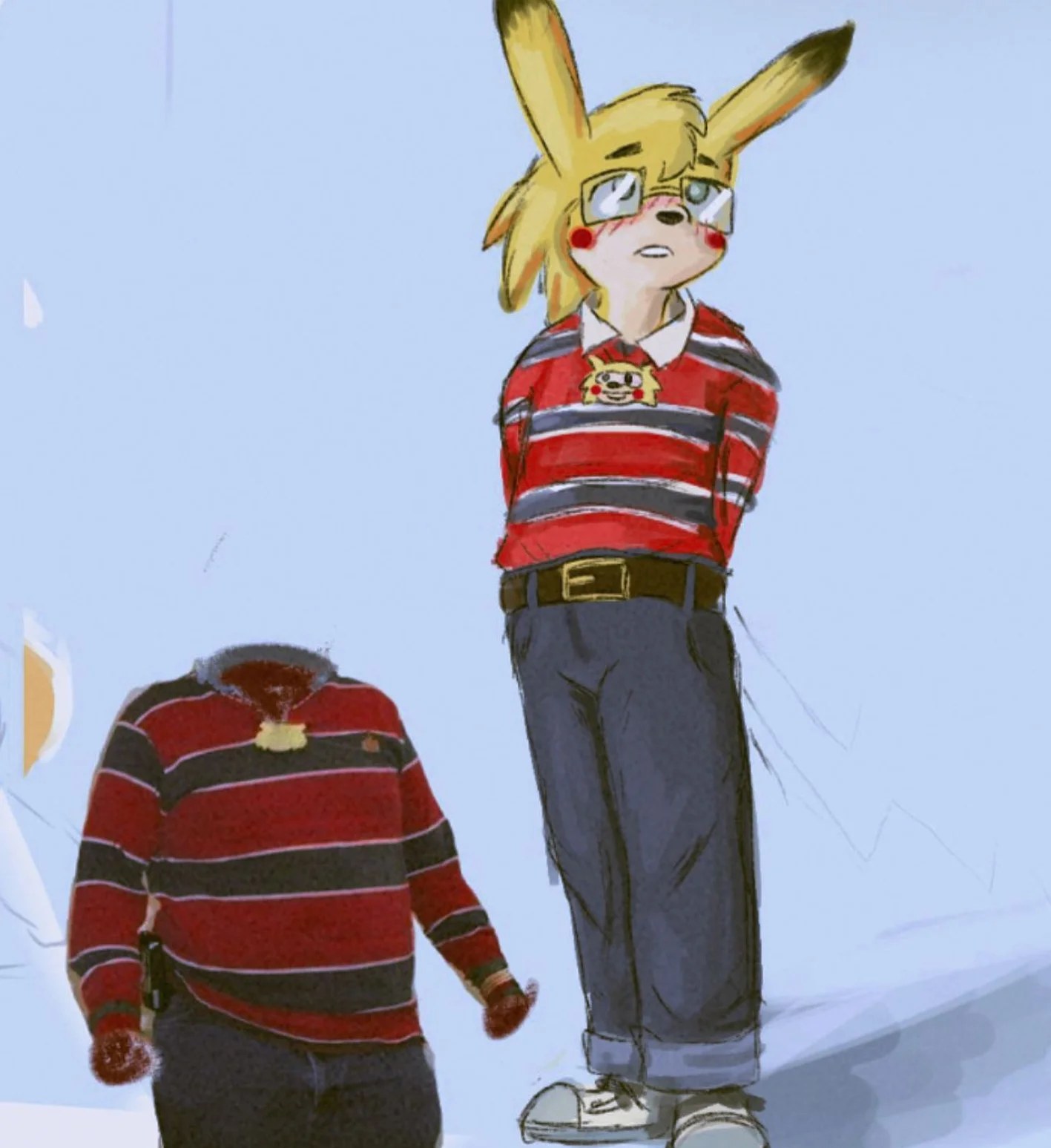 Illustration of Sonichu as a humanoid teenager beside a Chris Chan silhouette