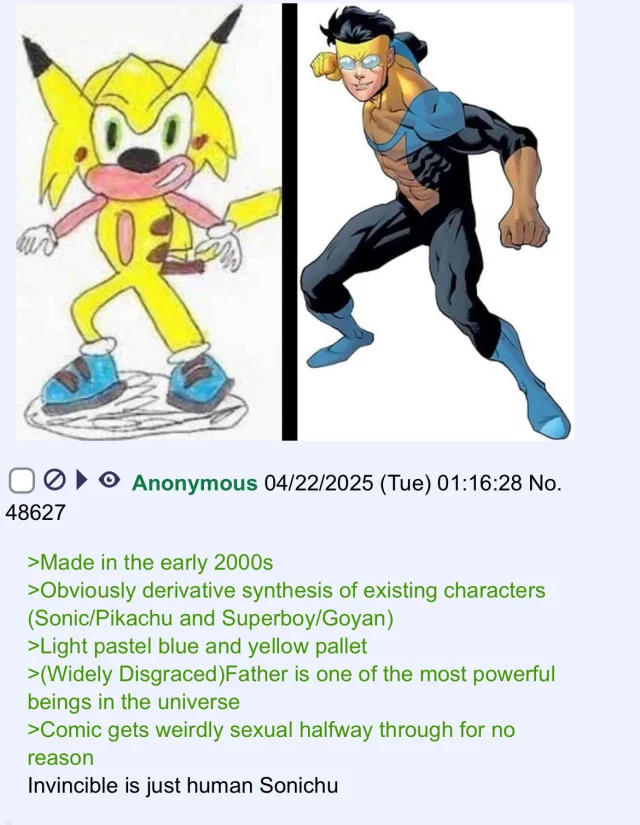 4chan post comparing Sonichu drawing with Invincible superhero character