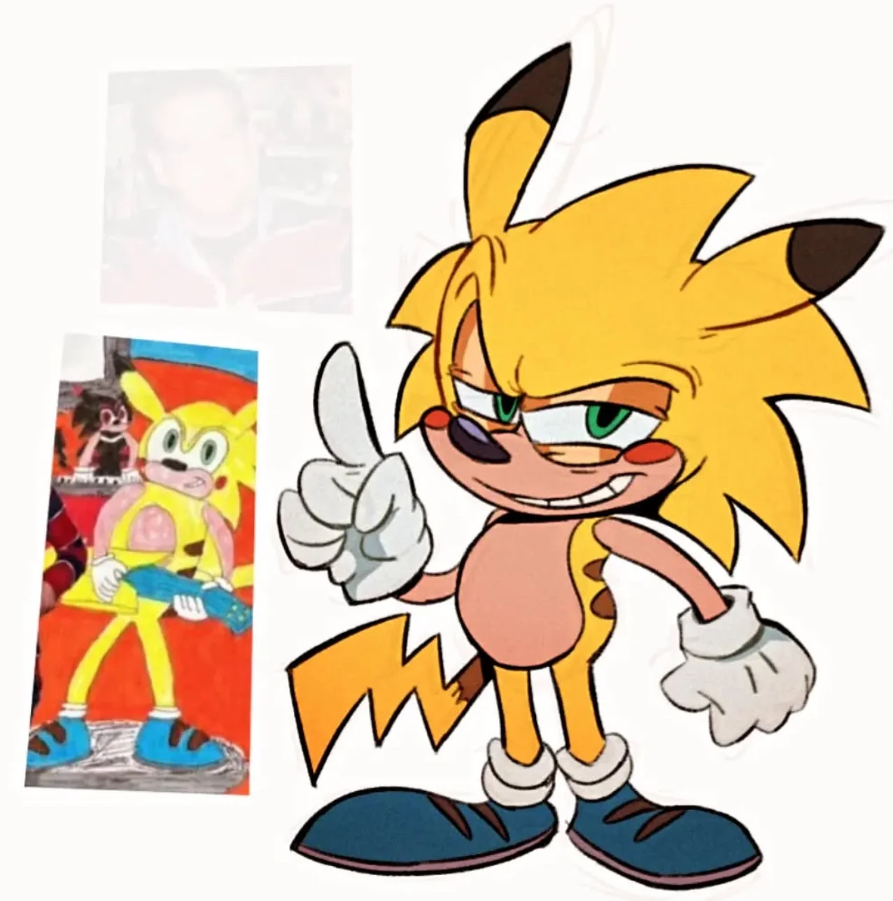Professional cartoon redraw of Sonichu with original reference art thumbnails