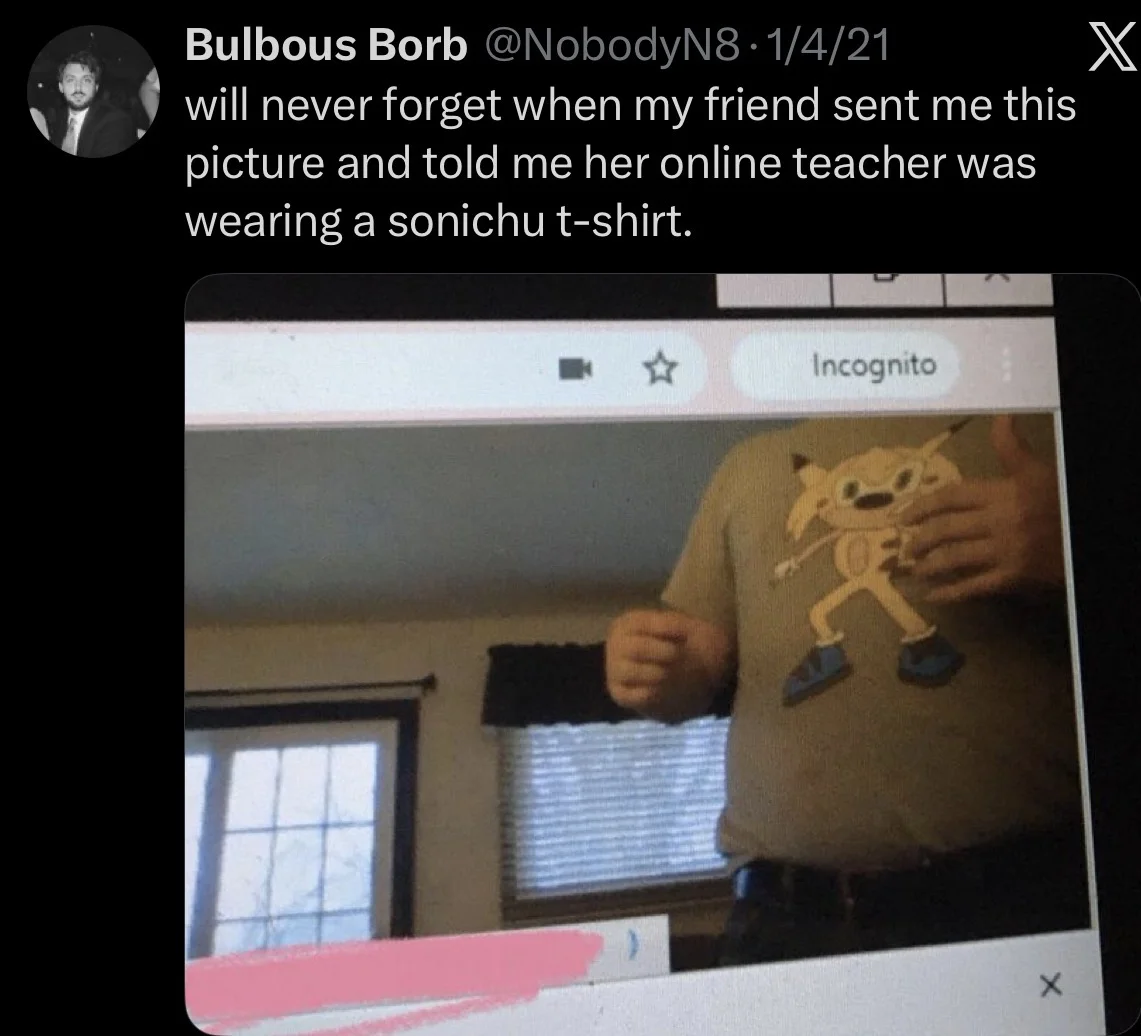 Tweet screenshot about an online teacher wearing a Sonichu shirt on video call
