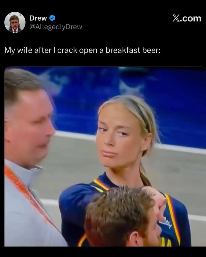Sophie Cunningham Pointing — Tweet with a side-eye Sophie Cunningham image captioned about a wife judging a breakfast beer
