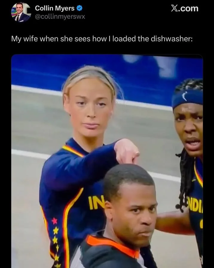Tweet using Sophie Cunningham pointing image captioned about a wife judging dishwasher loading
