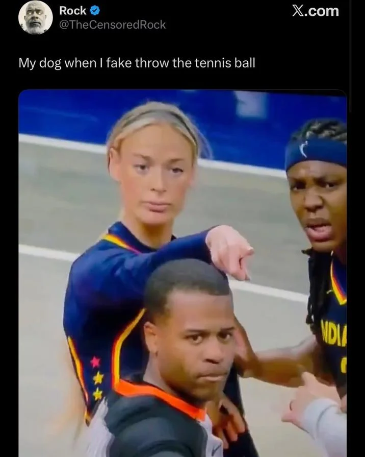 Tweet using Sophie Cunningham pointing image captioned about a dog reacting to a fake tennis ball throw