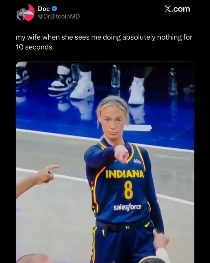 Tweet using Sophie Cunningham pointing image about a wife catching her husband being idle