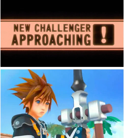 Sora In Super Smash Brothers — New Challenger Approaching banner over image of Sora with his Keyblade