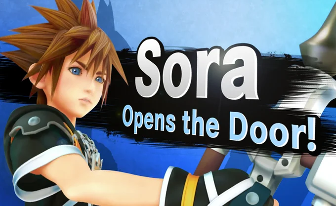 Sora In Super Smash Brothers — Sora holding his Keyblade beside 'Sora Opens the Door!' splash text