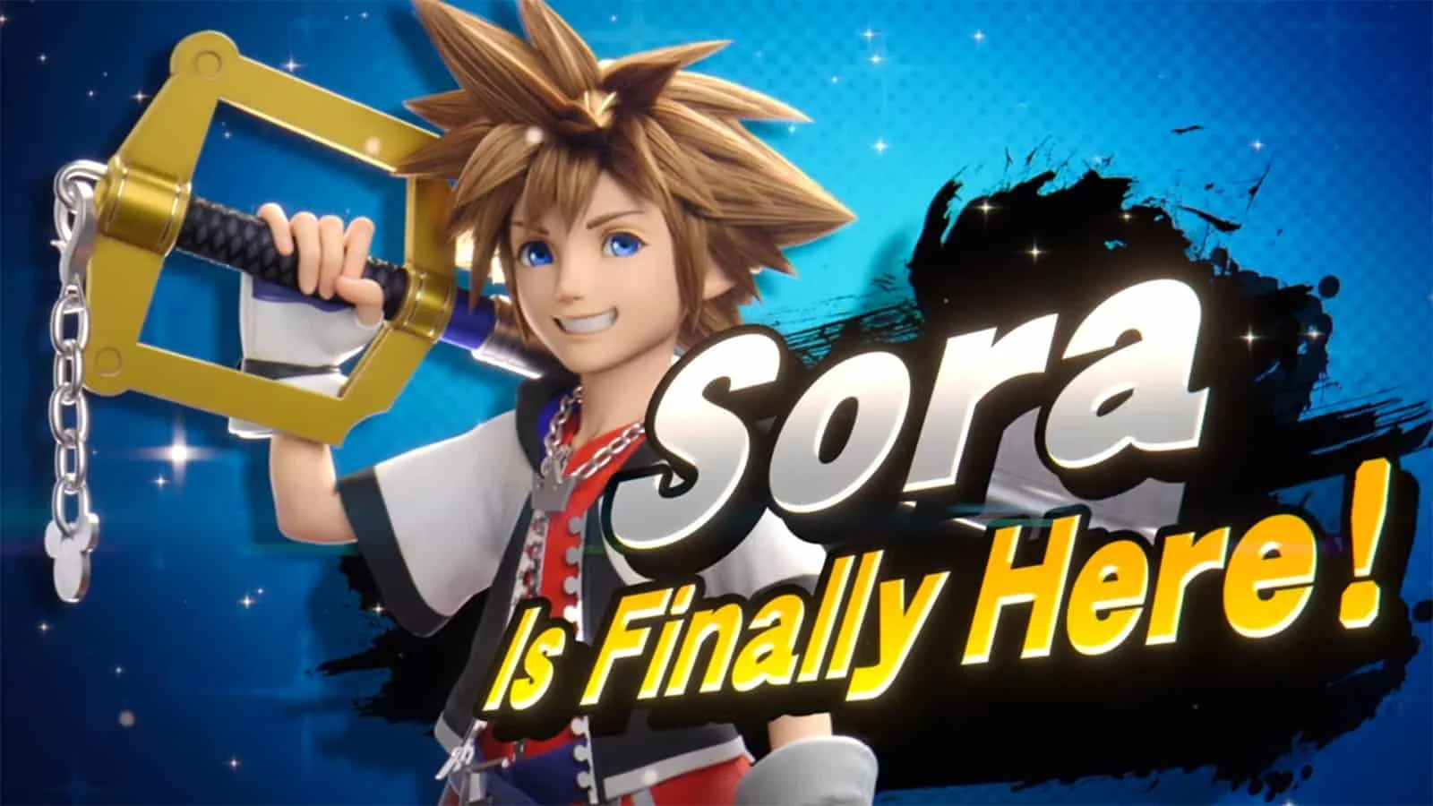 Sora In Super Smash Brothers — Sora holding his Keyblade with 'Sora Is Finally Here!' text from Smash Bros. Ultimate reveal