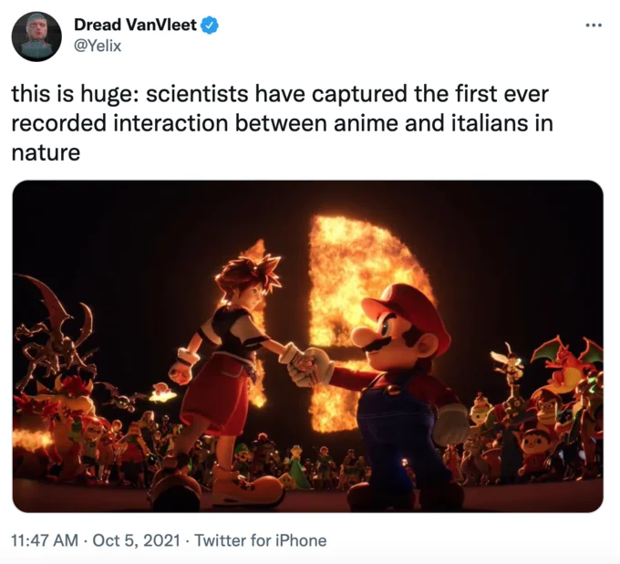 Sora Shaking Hands With Mario — Twitter post captioning handshake as 'first interaction between anime and italians in nature'.