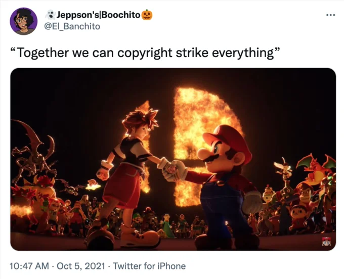 Sora Shaking Hands With Mario — Twitter post with handshake meme captioned 'Together we can copyright strike everything.'