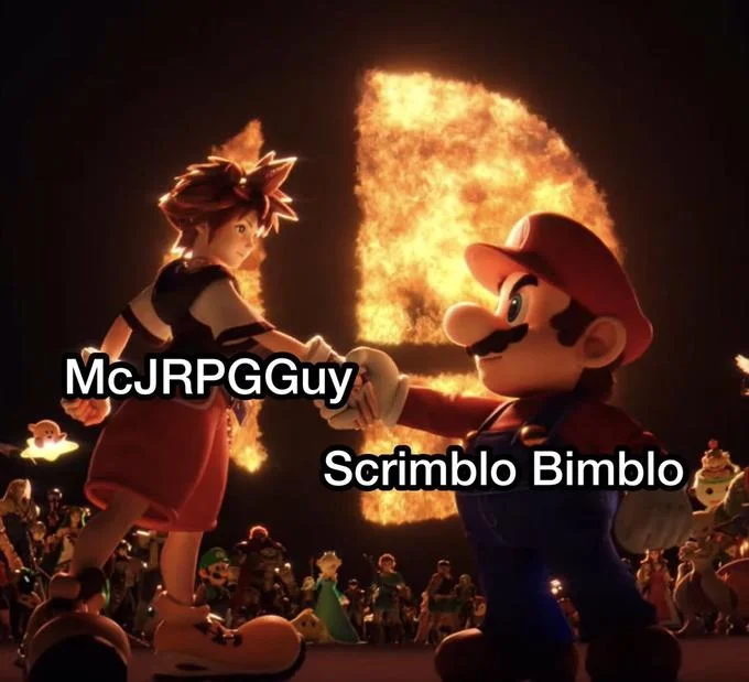Sora Shaking Hands With Mario — Clean handshake meme template showing two characters shaking hands against explosion background.