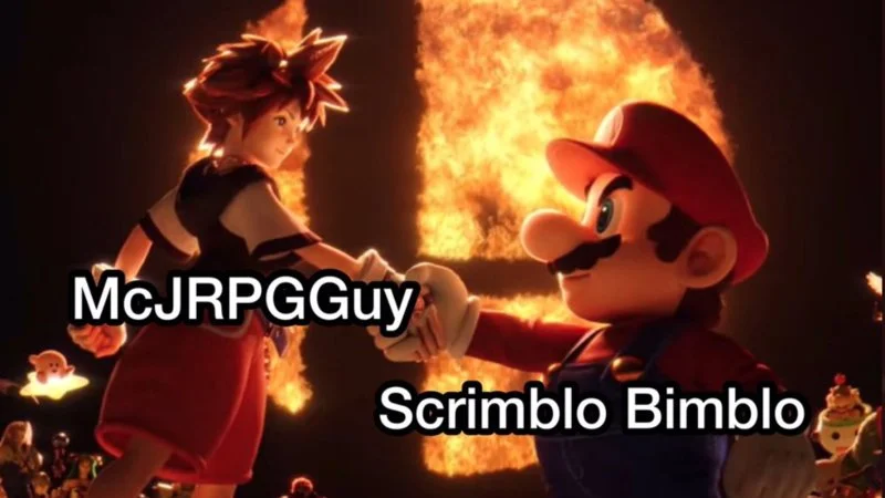 Sora Shaking Hands With Mario — Two characters shaking hands with labels 'McJRPGGuy' and 'Scrimblo Bimblo' against explosion.