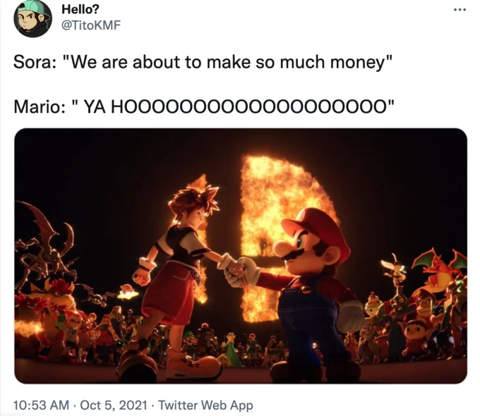 Sora Shaking Hands With Mario — Twitter post with dialogue 'We are about to make so much money' and Mario's 'YA HOOOOOOOOOOOOOOOOOOOOO'.