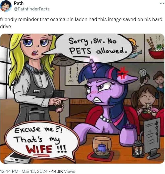 Sorry Sir No Pets Allowed Excuse Me Thats My Wife — Twitter screenshot with caption about Osama bin Laden having the meme saved on hard drive.