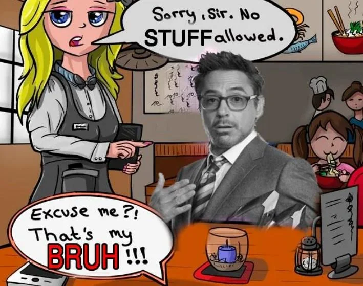 Sorry Sir No Pets Allowed Excuse Me Thats My Wife — Photoshopped variant with Robert Downey Jr., 'No STUFF allowed' and 'That's my BRUH!!!' response.