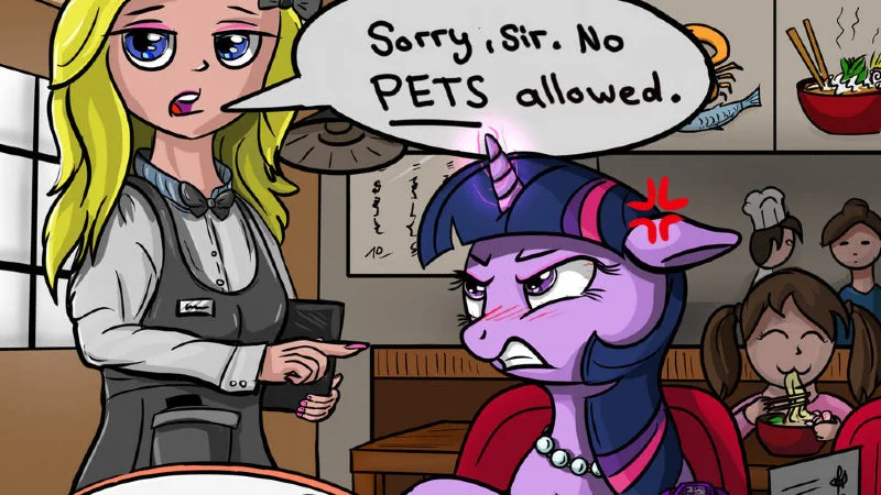 Sorry Sir No Pets Allowed Excuse Me Thats My Wife — Original DeviantArt template showing waitress delivering no pets line with Twilight Sparkle at table.