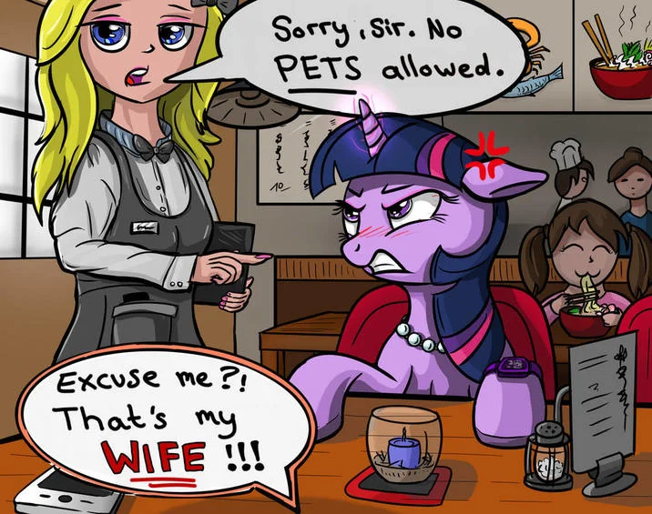Sorry Sir No Pets Allowed Excuse Me Thats My Wife — Original meme with waitress telling patron no pets allowed, responding 'Excuse me?! That's my WIFE!!!' with